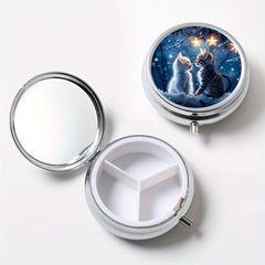 Couple Cat Pattern Round Pill Box 3 Compartment Mini Portable