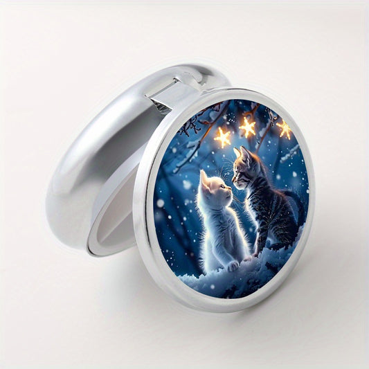 Couple Cat Pattern Round Pill Box 3 Compartment Mini Portable