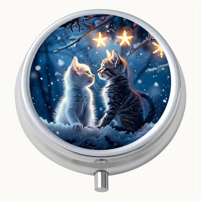 Couple Cat Pattern Round Pill Box 3 Compartment Mini Portable