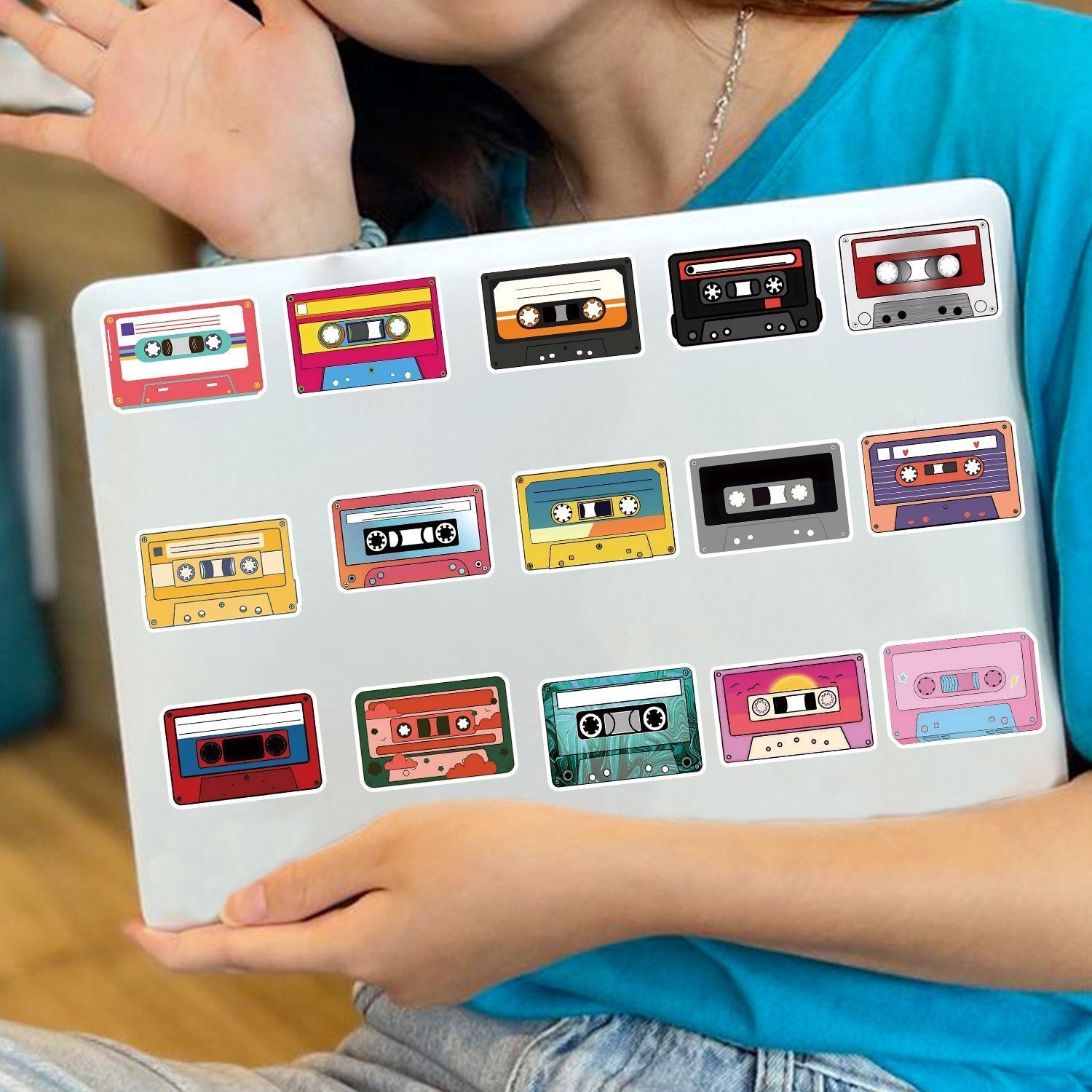 50pcs PVC Reusable Self Adhesive Cartoon Cassette Tape Stickers