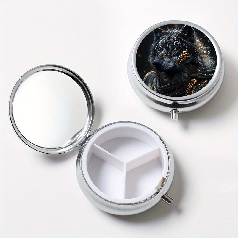 Armored Wolf Pattern Round Medicine Box Mini Portable Pill Box for Travel