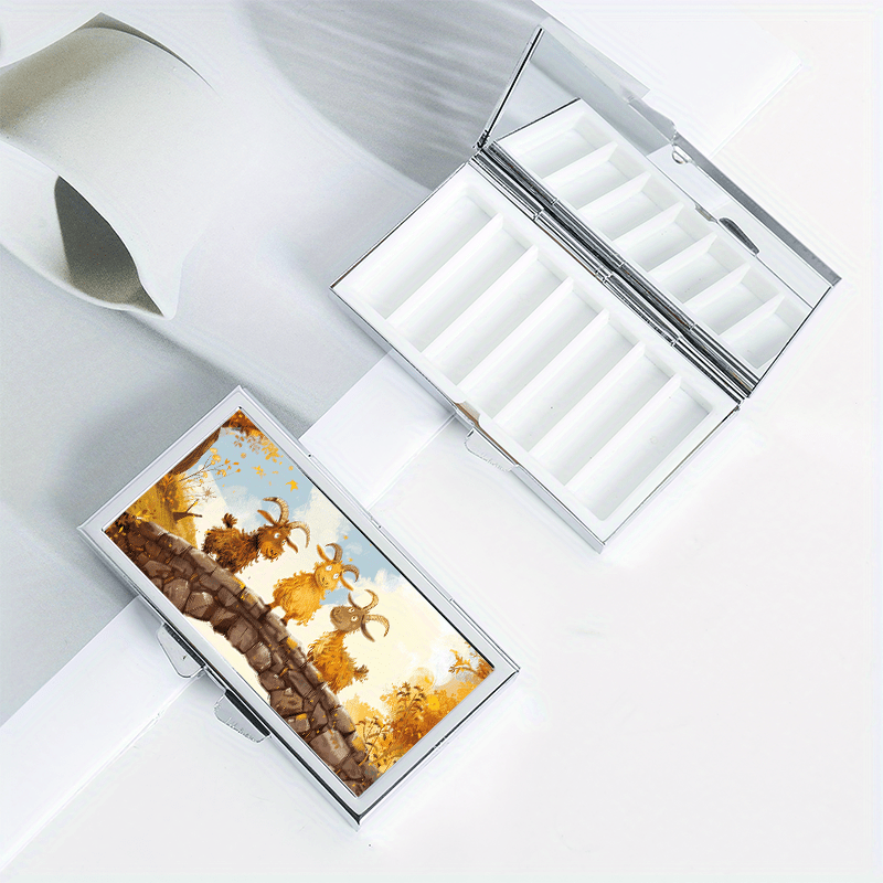 Three Lambs Pattern Printing Portable Pill Box 7 Compartment Pocket Purse