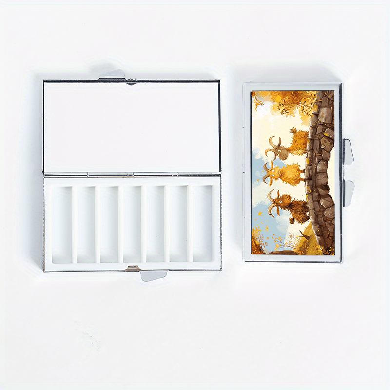 Three Lambs Pattern Printing Portable Pill Box 7 Compartment Pocket Purse