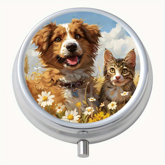 Flower Cat Dog Round Pill Box, Three Compartments, Portable for Trav