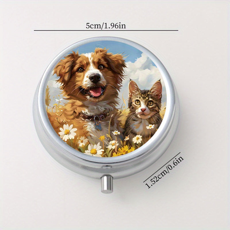 Flower Cat Dog Round Pill Box, Three Compartments, Portable for Trav
