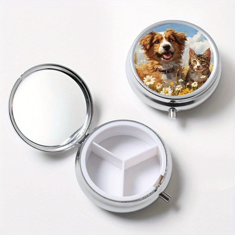 Flower Cat Dog Round Pill Box, Three Compartments, Portable for Trav