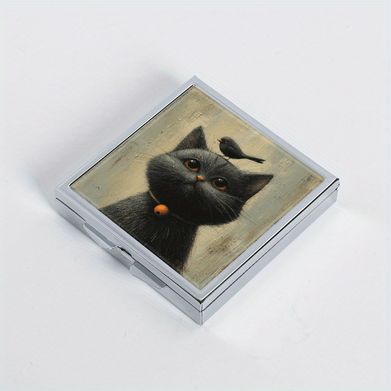 Cat & Bird Illustration Pill Box 4 Compartment Mini Portable Med