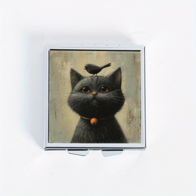 Cat & Bird Illustration Pill Box 4 Compartment Mini Portable Med