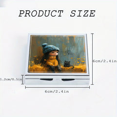 Cat & Girl Print 4 Compartment Pill Organizer Metal Case for Travel