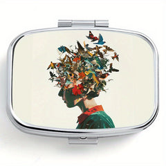 Butterfly Print Pill Organizer Metal Medicine Case Travel Size Moisture Proof