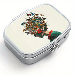 Butterfly Print Pill Organizer Metal Medicine Case Travel Size Moisture Proof