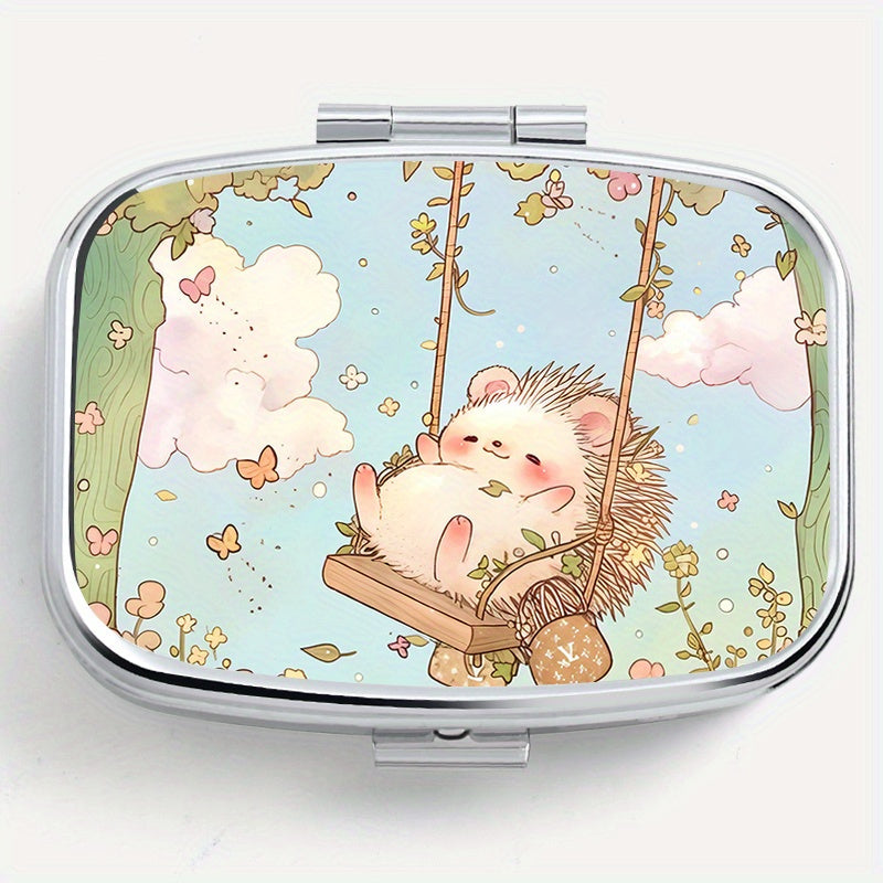 Hedgehog Print Pill Organizer 2 Compartment Portable Metal Case