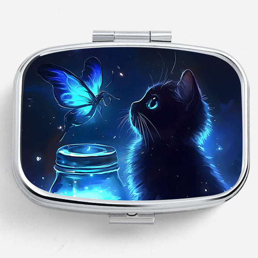 Cat Print Metal Pill Box with Dual Compartments for Travel Outdoor Activities