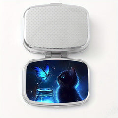 Cat Print Metal Pill Box with Dual Compartments for Travel Outdoor Activities