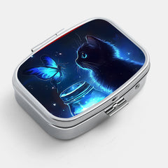 Cat Print Metal Pill Box with Dual Compartments for Travel Outdoor Activities