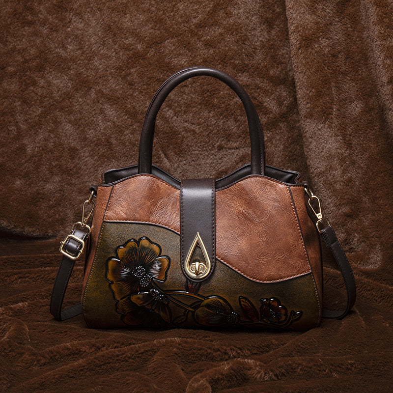 Vintage Floral Embossed Handbag for Women Large Capacity Deep Brown