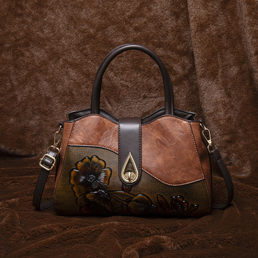 Vintage Floral Embossed Handbag for Women Large Capacity Deep Brown