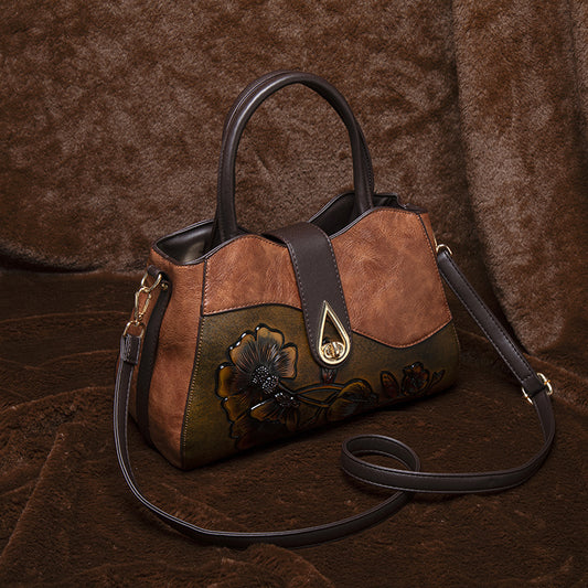 Vintage Floral Embossed Handbag for Women Large Capacity Deep Brown