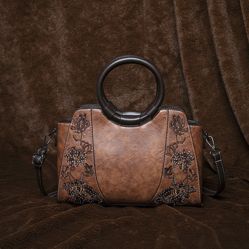 Vintage Floral Embroidered Messenger Bag Dark Brown