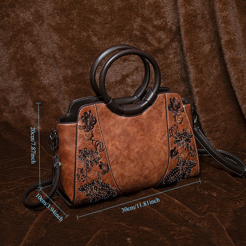 Vintage Floral Embroidered Messenger Bag Dark Brown