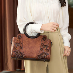 Vintage Floral Embroidered Messenger Bag Dark Brown