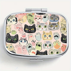 Whimsical Cat Square Pill Box Dual Compartments Compact Portable Travel Outdoor