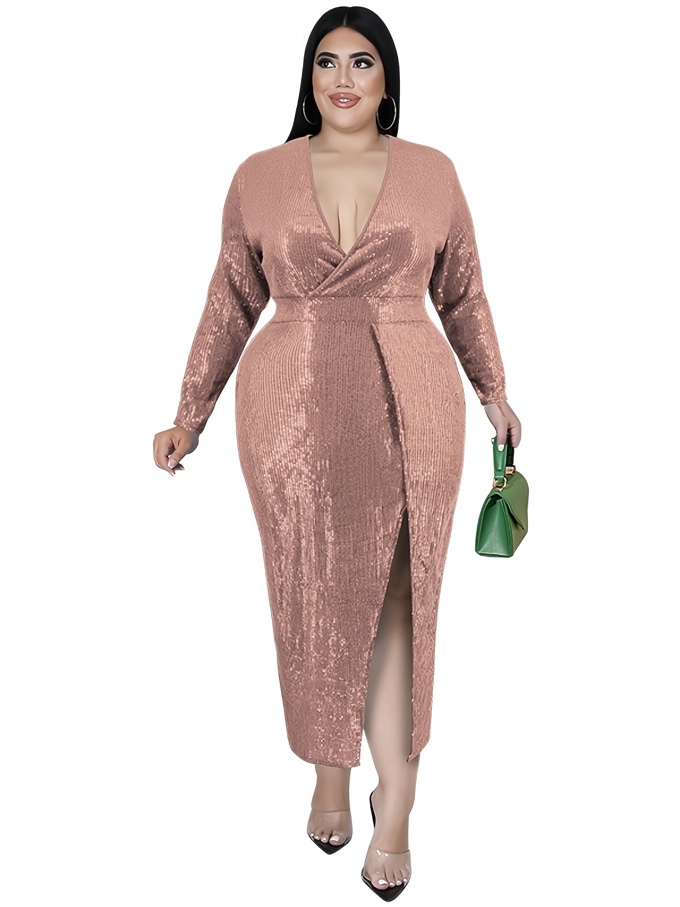 Sequin Deep V Neck Maxi Dress with High Split Sleeves