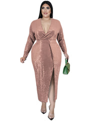 Sequin Deep V Neck Maxi Dress with High Split Sleeves