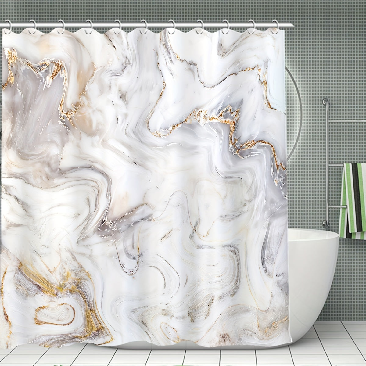 Waterproof Shower Curtain & Bathroom Rug Set with 12 Hooks