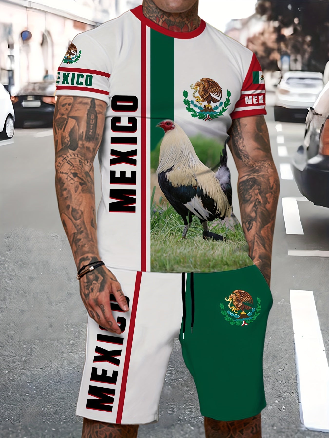 Mexico Eagle Pattern Men's 2 Piece Short Sleeve T-shirt & Shorts Set