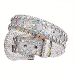 Sparkle Rhinestone Punk Western Studded Belts Women PU Leather Jeans
