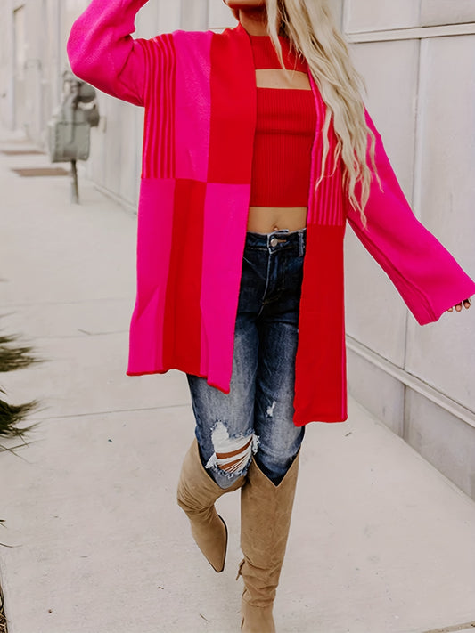  Colorblock Long Sleeve Open Front Cardigan