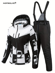 2Pcs Ski Set Full Zip Long Sleeve Jacket & Windproof Trouser Ski Suit