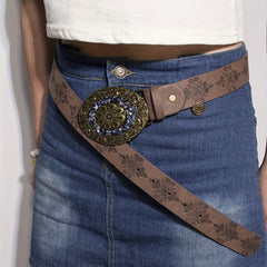 Vintage Turquoise Pattern Round Buckle Embossed Adjustable PU Women's Belt