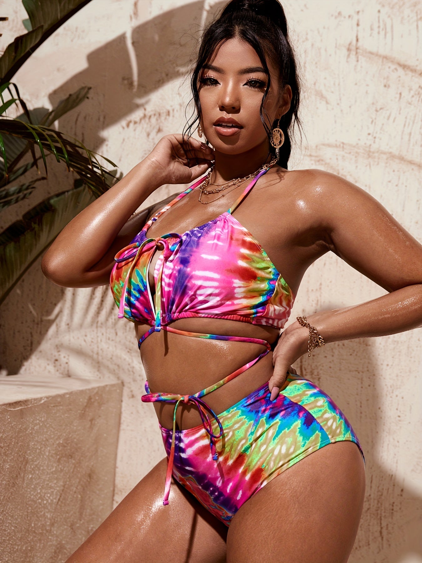  Tie Dye Strappy Cut Out Bikini Two Piece Set