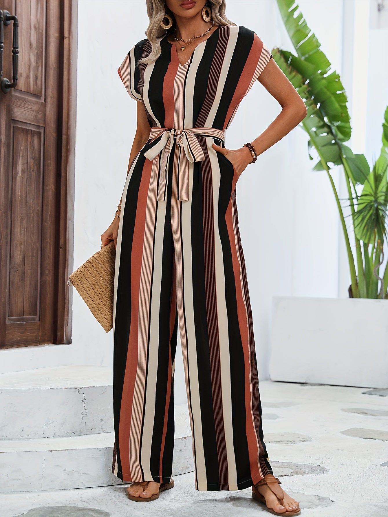 Striped Print Belted Jumpsuit Cap Sleeve For Spring & Summer