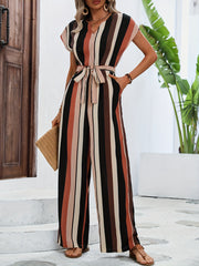 Striped Print Belted Jumpsuit Cap Sleeve For Spring & Summer