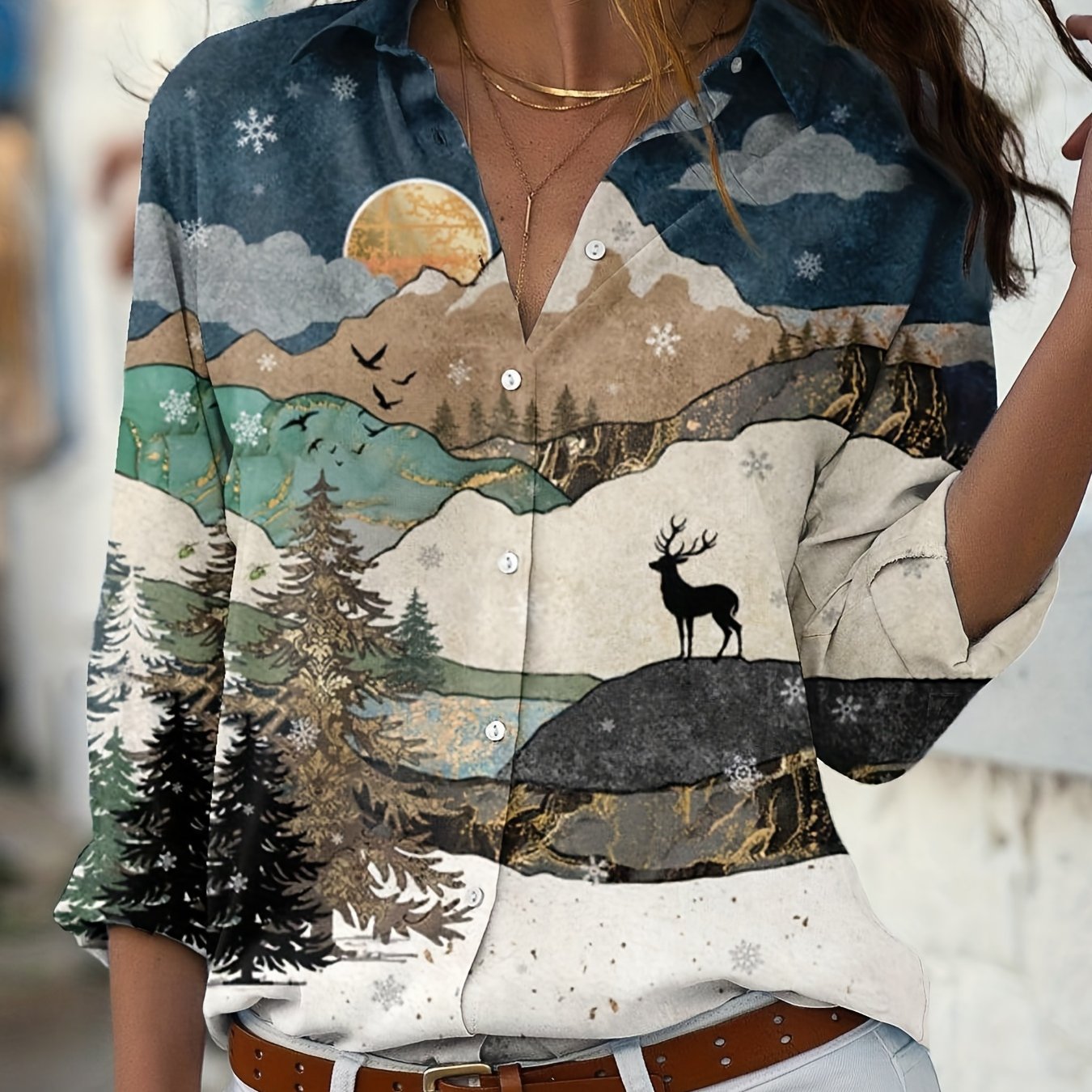  Painting Print Button Up Long Sleeve Blouse