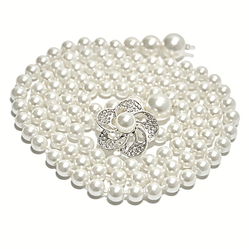 Faux Pearl Thin Belt Flower Buckle Sash Belt For Women