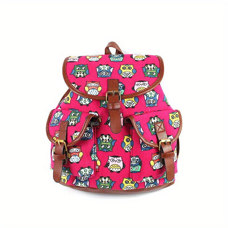 Colorful Owl Print Flap Backpack Preppy Style School Bag Drawstring