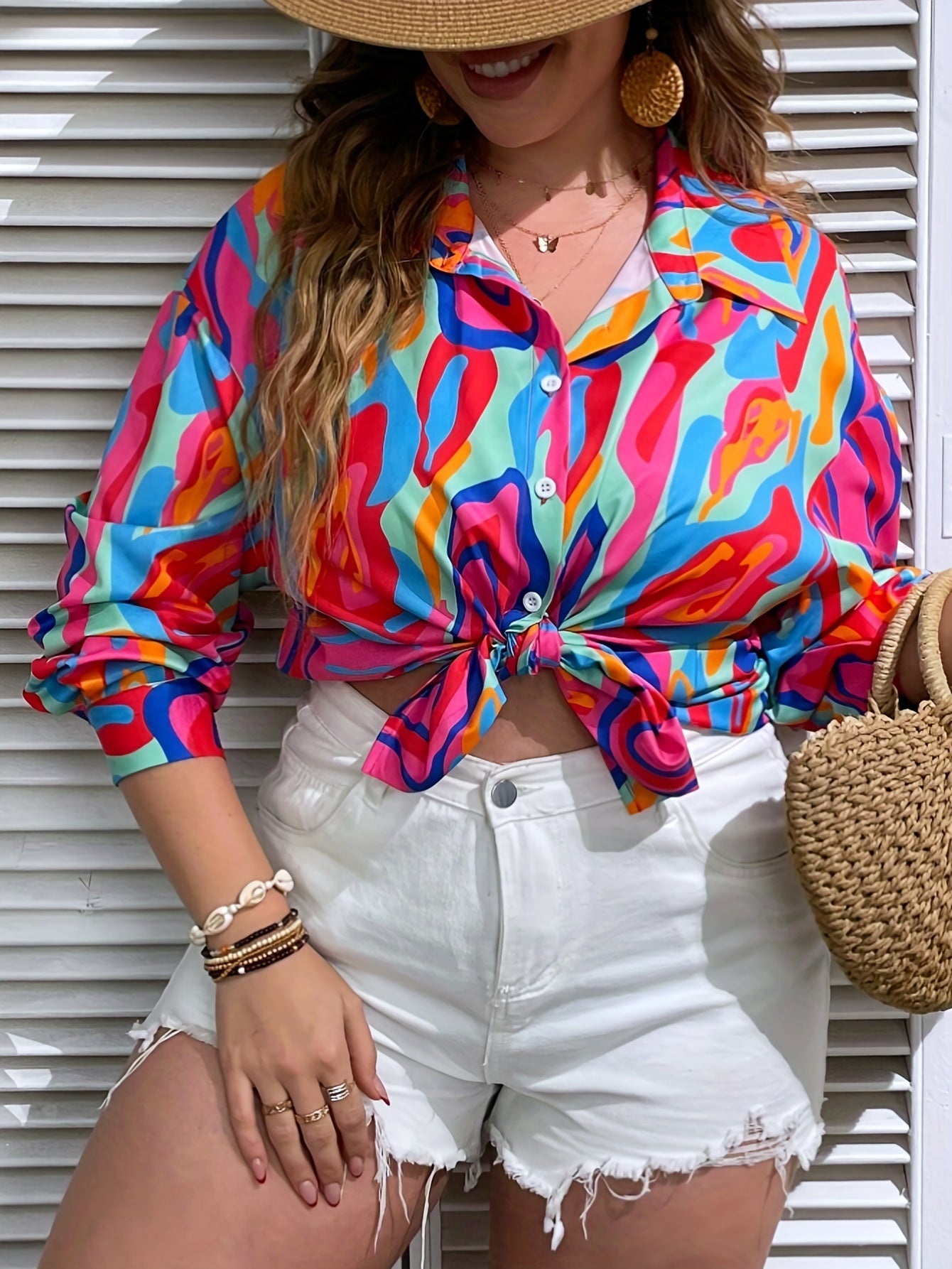 Colorblock Print Button Up Blouse