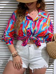  Colorblock Print Button Up Blouse