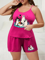  Ghost Cat Print Pajama Set Cami Top & Shorts