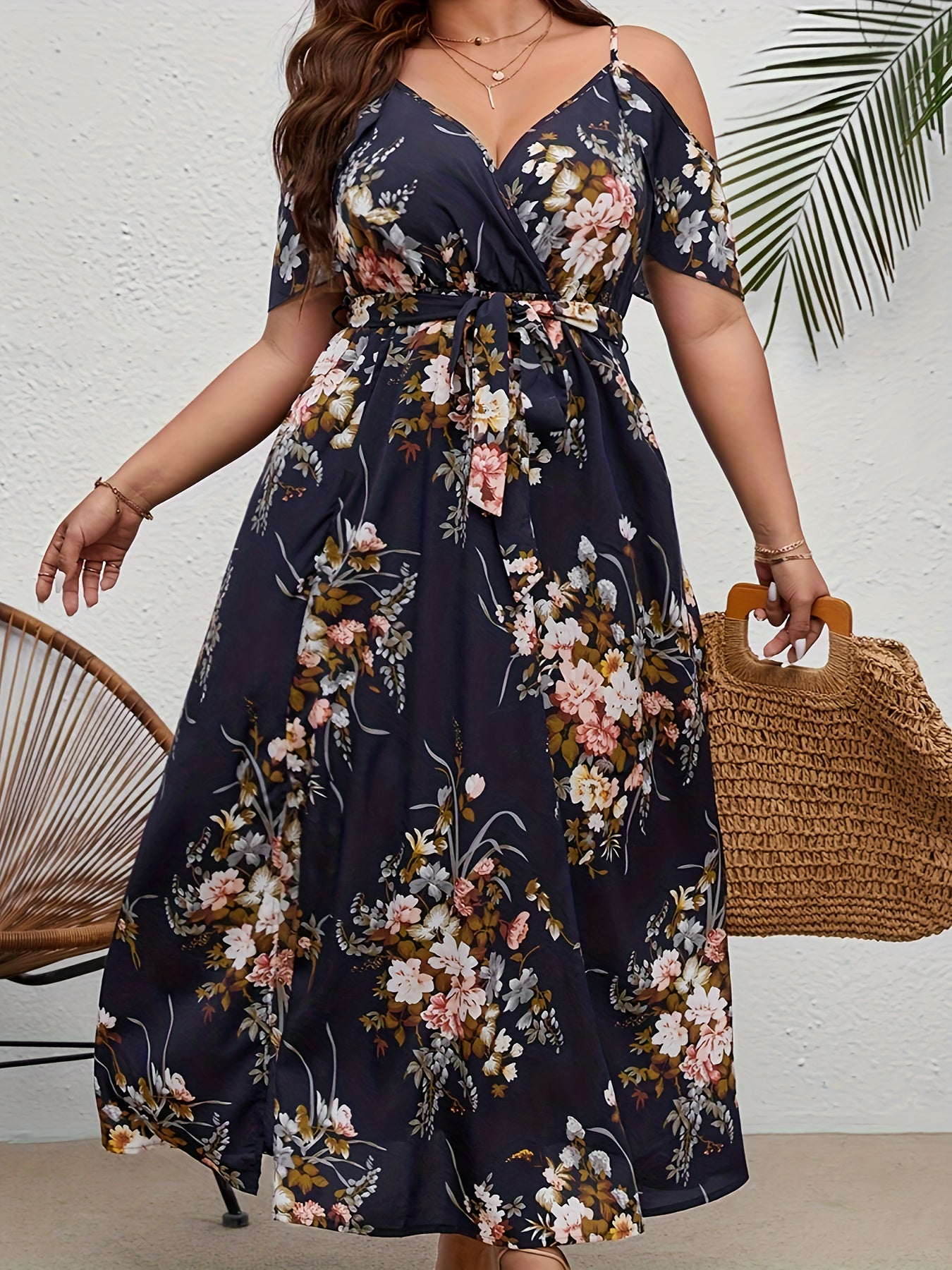 Women's Plus Floral Print Cold Shoulder Maxi Dress