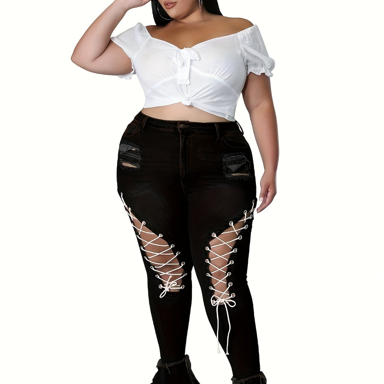  Criss Cross Ripped Flared Jeans High Rise Sexy Jeans