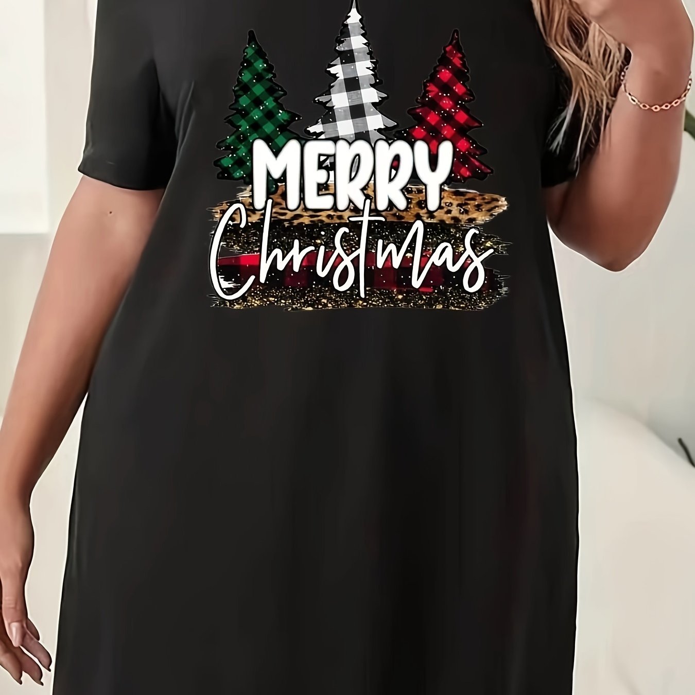 Women's Plus Christmas Tree Short Sleeve Tee Dress