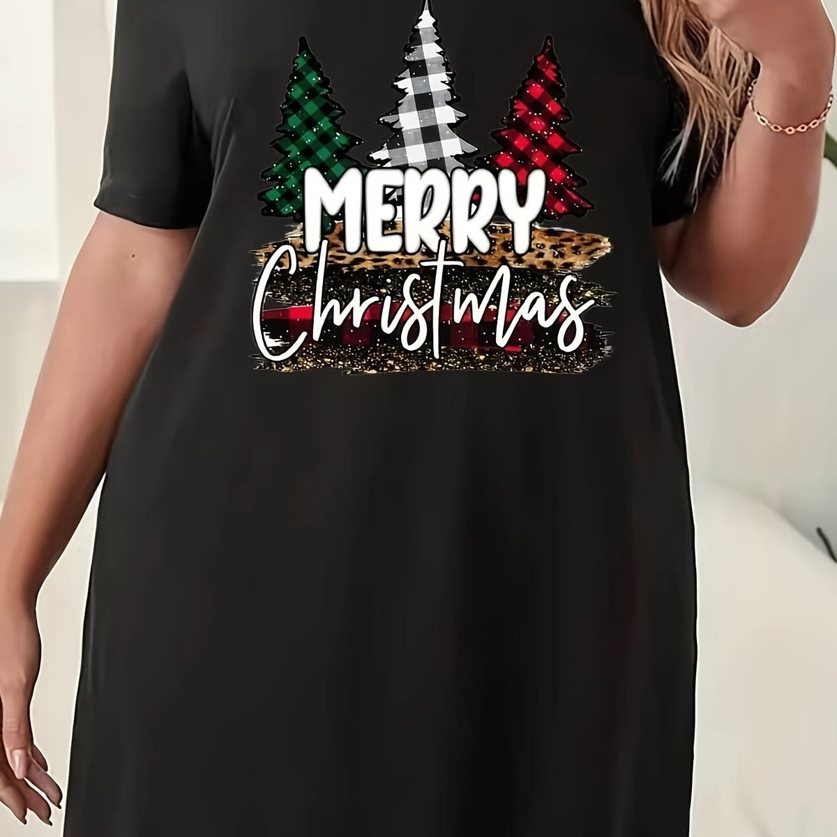 Women's Plus Christmas Tree Short Sleeve Tee Dress