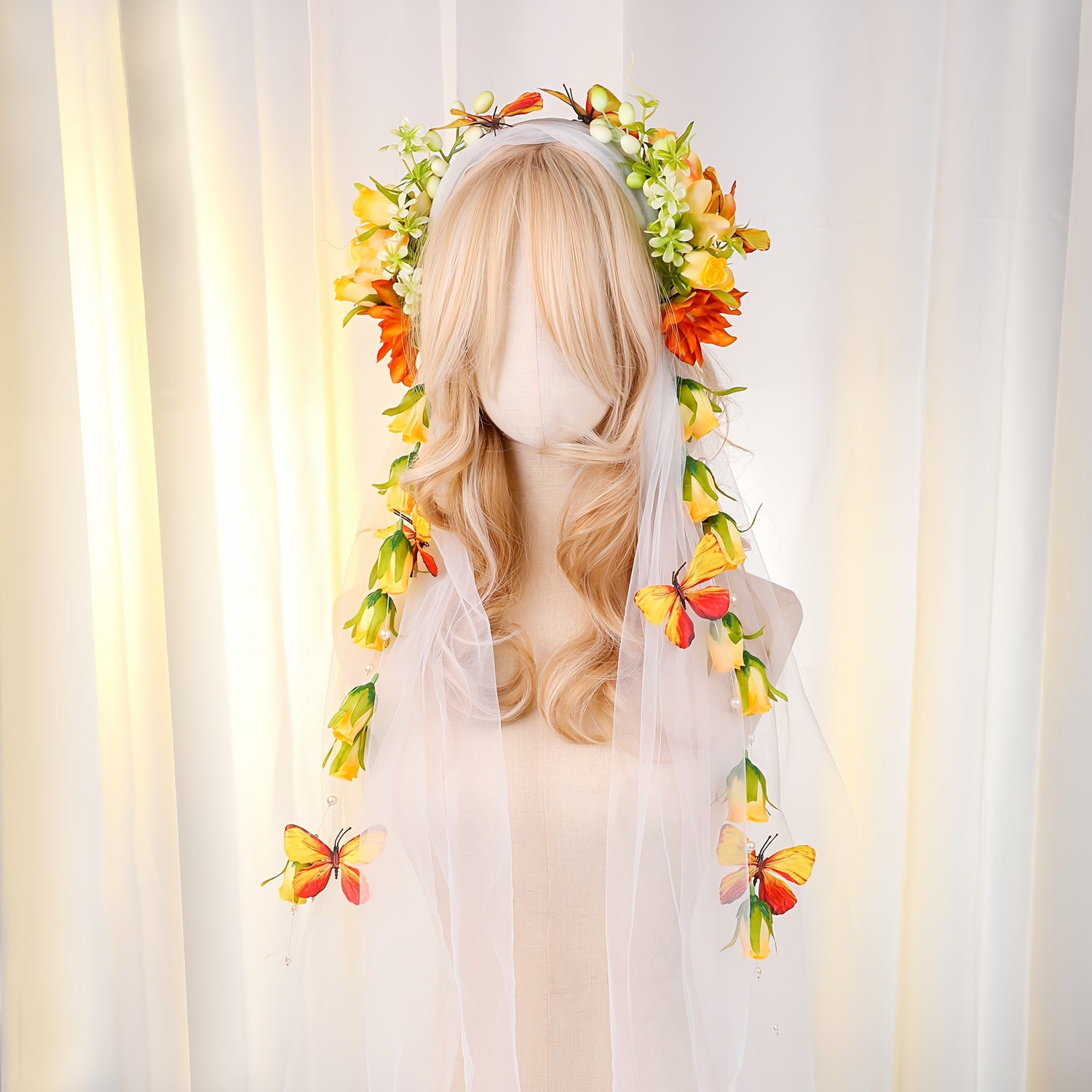 Purple & Green Floral Bridal Headband with Veil