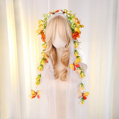 Purple & Green Floral Bridal Headband with Veil