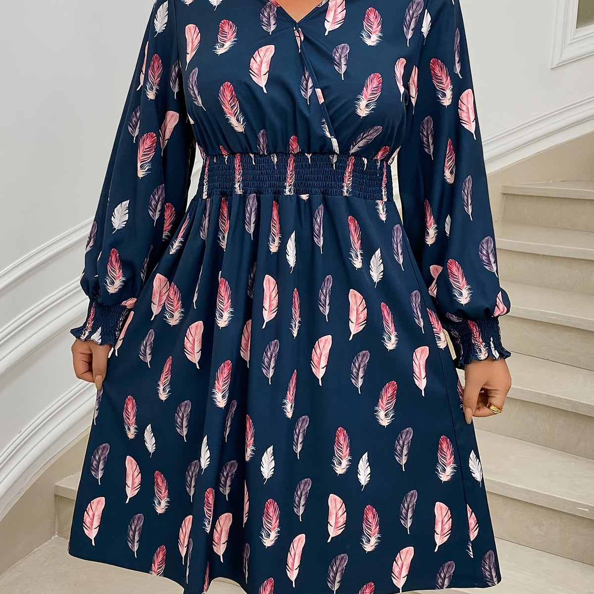  Casual Dress Women's Plus Feather Print V Neck Dress